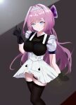  1girl absurdres black_gloves black_shirt black_thighhighs blue_eyes breasts chinese_commentary closed_mouth colorful_background commentary_request elysia_(honkai_impact) gloves highres honkai_(series) honkai_impact_3rd large_breasts long_hair pink_hair shirt skirt solo tangcu thigh_strap thighhighs thighs very_long_hair white_hair white_skirt zettai_ryouiki 
