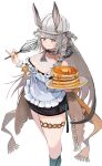  1girl absurdres animal_ears apron arknights bare_shoulders black_dress braid breasts closed_mouth commentary_request dress ears_through_headwear feet_out_of_frame food grey_eyes grey_hair hand_up haru_torimaru hat highres holding holding_plate long_hair looking_at_viewer official_alternate_costume pancake pancake_stack plate rabbit_ears savage_(arknights) savage_(secret_family_recipe)_(arknights) simple_background smile solo thigh_strap white_apron white_background white_hat 