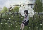  1girl black_hair black_skirt blue_sailor_collar closed_mouth expressionless feet_out_of_frame flower grass grey_eyes hair_ornament hands_on_own_legs highres holding holding_umbrella house long_sleeves looking_at_viewer neckerchief norah_(user_ssdu2828) on_fence original outdoors parted_bangs pleated_skirt red_neckerchief sailor_collar scenery school_uniform serafuku shirt short_hair sitting sitting_on_fence skirt solo swing swing_set transparent transparent_umbrella tree umbrella white_flower white_shirt 