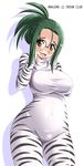  blush bodysuit breasts dream_c_club dream_c_club_(series) glasses green_eyes green_hair large_breasts simple_background smile solo striped tonpuu 