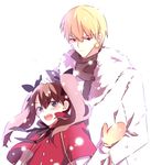  bad_id bad_pixiv_id blonde_hair blue_eyes brown_hair capelet child cocopps earrings fate/zero fate_(series) fur_trim gilgamesh hair_ribbon jewelry long_hair mittens red_eyes ribbon short_hair snowing toosaka_rin white_background younger 