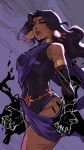  1girl alternate_design alternate_skin_color artist_name commentary covered_navel cowboy_shot dark-skinned_female dark_skin dc_comics earrings elbow_gloves english_commentary face_piercing floating_hair forehead_jewel gem gloves highres jewelry leotard long_hair looking_down nose_piercing nose_ring parted_bangs parted_lips pepedraws piercing purple_background purple_eyes purple_gloves purple_hair purple_leotard purple_sash purple_theme raven_(dc) red_gemstone sash solo teen_titans umbrakinesis 