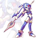  android blue_eyes blue_hair boots breasts full_body gloves helmet leviathan_(rockman) polearm rockman rockman_zero simple_background small_breasts solo spear thighhighs weapon yuusuke_(5yusuke3) 
