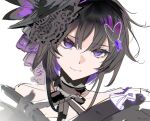  1girl bare_shoulders black_choker black_hair black_hat butterfly_hair_ornament choker closed_mouth hair_ornament hat highres housho_margo looking_at_viewer mahou_shoujo_no_majo_saiban mol_016 parted_bangs purple_eyes short_hair simple_background smile solo top_hat upper_body white_background 