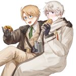  2boys ahoge america_(hetalia) axis_powers_hetalia belt black_belt black_gloves blonde_hair blue_eyes blush bottle brown-framed_eyewear brown_jacket burger coat collared_coat collared_shirt commentary_request covering_own_mouth eating feet_out_of_frame food fur-trimmed_jacket fur_trim glasses gloves green_necktie grey_hair hair_between_eyes hand_on_another's_shoulder hands_up harutoro_39487 highres holding holding_burger holding_food hot_dog jacket lapels leather leather_gloves long_sleeves male_focus medal military military_jacket military_uniform multiple_boys necktie open_clothes open_jacket open_mouth orange_jacket orange_pants pants puffy_long_sleeves puffy_sleeves purple_eyes russia_(hetalia) semi-rimless_eyewear shirt short_hair simple_background sitting smile star_ornament white_background white_coat white_shirt 