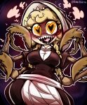 4_arms absurd_res animal_humanoid anthro arachnid arachnid_humanoid arthropod arthropod_humanoid artist_name belly big_breasts black_clothing blonde_hair blush blush_lines bodily_fluids body_horror braided_hair breasts claws cliffside_(series) clothed clothing cordie_(cliffside) crazy_eyes diddlydooter1 digital_drawing_(artwork) digital_media_(artwork) drooling female flirting flirting_with_viewer hair heart_eyes heart_symbol hearts_around_head hi_res human humanoid insane looking_at_viewer maid_headdress maid_uniform mammal monster multi_arm multi_limb navel open_mouth open_smile saliva saliva_on_tongue saliva_string sharp_teeth short_hair signature simple_background smile solo spider spider_humanoid teeth text thick_thighs tongue uniform unusual_anatomy white_clothing wide_hips yandere yellow_eyes