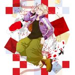  blonde_hair boots ivan_karelin jacket letterman_jacket looking_at_viewer male_focus purple_eyes purple_jacket solo tiger_&amp;_bunny yotsubaya 