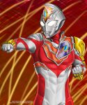  1boy abs absurdres alien armor asymmetrical_armor breastplate clenched_hands color_timer colored_skin commentary compound_eyes cowboy_shot crystal dorsal_fin english_commentary forehead_jewel giant giant_male glowing glowing_eyes gradient_background highres looking_at_viewer male_focus multicolored_skin muscular muscular_male neo_phantom no_pupils orange_background outstretched_arm pectorals pixiv_username red_background red_skin red_theme reddit_username ribs shoulder_armor shoulder_pads silver_skin single_shoulder_pad solo tokusatsu two-tone_background two-tone_skin ultra_series ultraman_decker ultraman_decker_(series) ultraman_decker_(strong_type) white_eyes wrinkled_skin 