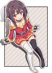  1girl bandaged_leg bandages belt black_gloves black_thighhighs blush_stickers border brown_hair collarbone commentary diagonal-striped_background dress fingerless_gloves full_body gloves highres kono_subarashii_sekai_ni_shukufuku_wo! long_sleeves looking_at_viewer megumin no_shoes noyama_takenoko off-shoulder_dress off_shoulder outline outside_border red_dress shadow short_hair_with_long_locks simple_background single_thighhigh smile solo striped_background thighhighs white_border white_outline zettai_ryouiki 