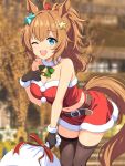  1girl alternate_costume animal_ears bare_arms bare_shoulders bell black_gloves black_thighhighs blue_eyes blush bow breasts cleavage commentary english_commentary fur_trim gloves hair_bow hair_ornament highres holding holding_sack horse_ears horse_girl horse_tail large_breasts leaning_forward looking_at_viewer navel neck_bell one_eye_closed open_mouth red_bow red_shirt red_skirt sack santa_costume shirt skirt sleeveless sleeveless_shirt solo star_(symbol) star_hair_ornament strapless strapless_shirt taiki_shuttle_(umamusume) tail thighhighs umamusume zenbrush2 