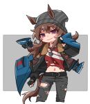  1girl animal_ears beanie beer_hsk belt belt_buckle black_belt black_gloves black_jacket blue_jacket brown_hair buckle closed_mouth cropped_legs ears_through_headwear fingerless_gloves gloves grey_background grey_hat grey_pants groin hair_between_eyes hat horse_ears horse_girl horse_tail jacket long_hair long_sleeves looking_at_viewer nakayama_festa_(shichuukyuukatsu)_(umamusume) nakayama_festa_(umamusume) open_clothes open_jacket pants puffy_long_sleeves puffy_sleeves purple_eyes red_shirt shirt smile solo striped_clothes striped_headwear tail torn_clothes torn_pants torn_shirt two-tone_background umamusume v-shaped_eyebrows vertical-striped_clothes vertical-striped_headwear very_long_hair white_background 