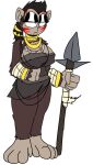 5_fingers anthro ape bandage blue_eyes brown_body brown_fur collar female fingers fur haplorhine mammal melee_weapon polearm primate solo spear tribal wannapossums weapon