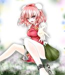  bandages barefoot beckoning blush bun_cover chain chinese_clothes cuffs double_bun eyelashes highres ibaraki_kasen looking_at_viewer open_mouth outstretched_hand parad@_jibaku_rei pink_eyes pink_hair shackles short_hair skirt solo touhou 