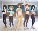  4girls :d ahoge aqua_shoes aqua_sports_bra armpits arms_up ass bare_arms black_hair black_pants black_sports_bra blurry blurry_background bob_cut bow breasts brown_hair chalkboard classroom closed_mouth collarbone day flat_chest full_body hair_bow hair_ornament hairclip hibike!_euphonium hisaishi_kanade indoors katou_hazuki kawashima_sapphire kousaka_reina long_hair looking_at_viewer medium_breasts midriff multiple_girls navel open_mouth oumae_kumiko pants pixie_cut purple_eyes purple_pants purple_shoes red_eyes red_shoes sbel02 shoes short_hair small_breasts smile sports_bra standing stomach stretching v white_shoes yellow_eyes yellow_pants yellow_sports_bra yoga_pants 