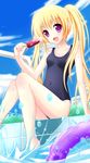  blonde_hair chain-link_fence cloud covered_navel day fence food highres innertube long_hair nanairo_fuusen one-piece_swimsuit original outdoors pool pool_ladder poolside popsicle purple_eyes school_swimsuit sitting sky soaking_feet solo splashing swimsuit twintails 