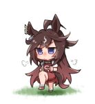  1girl ahoge animal_ears beer_hsk blue_eyes brown_hair chibi clenched_hands closed_mouth commentary_request duramente_(umamusume) full_body gym_shirt gym_shorts gym_uniform horse_ears horse_girl horse_tail long_hair multicolored_hair puffy_short_sleeves puffy_sleeves race_bib red_shoes red_shorts shirt shoes short_sleeves shorts socks solo standing standing_on_one_leg streaked_hair tail umamusume very_long_hair white_shirt white_socks 