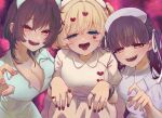  3girls :d baio_rin bead_bracelet beads blonde_hair blue_eyes blush bonnouji_momoha bracelet braid breasts brown_hair cleavage commentary_request facial_mark fangs hair_between_eyes hair_ornament hair_ribbon half-closed_eyes hat heart heart_facial_mark heart_hair_ornament highres jewelry kedarui_aashii kimi_no_koto_ga_dai_dai_dai_dai_daisuki_na_100-nin_no_kanojo large_breasts long_hair looking_at_viewer mark_under_eye medium_hair multicolored_hair multiple_girls nail_polish nurse nurse_cap oknomyk one_side_up open_mouth outstretched_arms puffy_short_sleeves puffy_sleeves red_eyes red_nails ribbon ring sharp_teeth short_sleeves small_breasts smile teeth twintails two-tone_hair white_ribbon wing_collar zombie_pose 