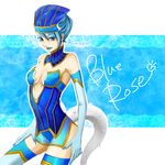  bara_iro bare_shoulders blue_eyes blue_hair blue_rose_(tiger_&amp;_bunny) boots breasts character_name cleavage earrings elbow_gloves eyelashes gloves hat highres jewelry karina_lyle lipstick looking_at_viewer makeup medium_breasts short_hair solo superhero thigh_boots thighhighs tiger_&amp;_bunny 