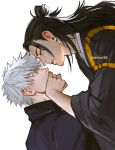  2boys artist_name black_eyes black_hair black_jacket blue_eyes collared_jacket colored_eyelashes commentary_request covered_mouth covering_another's_mouth earrings eye_contact eyelashes getou_suguru gojou_satoru hair_between_eyes hair_bun half_updo hand_up highres jacket jewelry jujutsu_kaisen long_hair long_sleeves looking_at_another male_focus mistermagnolia multiple_boys parted_lips profile short_hair simple_background single_hair_bun twitter_username upper_body white_background white_hair wide_sleeves yaoi 