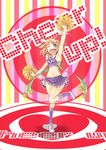  alternate_costume arm_up armpits blonde_hair blue_eyes cheerleader english groin hair_ribbon medicine_melancholy midriff mito_(calcomer) navel one_eye_closed open_mouth pom_pom_(clothes) pom_poms ribbon short_hair skirt solo text_focus touhou wristband 