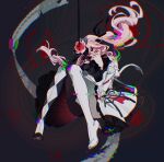  1other absurdres akiyama_mizuki black_background black_pantyhose boots clutching_head commentary convenient_leg dechel dress floating_hair flower full_body glitch hair_flower hair_ornament hands_on_own_face highres keikyoku_no_machi_wa_doko_e_(project_sekai) knees_up official_alternate_costume one_eye_covered other_focus pantyhose pink_eyes pink_flower pink_rose project_sekai rose side_ponytail solo two-tone_pantyhose white_boots white_dress white_pantyhose wide-eyed 