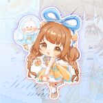  1girl animal_balloon balloon balloon_trip_(infinity_nikki) bare_shoulders bird blue_background blue_bow blue_hairband blue_ribbon blunt_bangs bow braid brooch brown_eyes brown_hair bubble_skirt chibi chinese_commentary commentary_request commission dress duck duck_tail eyelashes fake_tail flower footwear_bow frilled_arm_warmers frilled_hairband frilled_thighhighs frills gradient_background hair_flower hair_ornament hair_ribbon hairband hand_on_own_knee happy heart heart_print holding holding_balloon infinity_nikki jewelry lanlan_zhi_jiabing large_ribbon leg_up light_blush light_particles long_hair low_twin_braids miniskirt neck_ribbon nikki_(series) open_mouth orange_flower outline pleated_dress print_thighhighs ribbon sample_watermark shoes short_dress single_stripe skirt skirt_under_dress sleeveless sleeveless_dress smile solo standing star_(symbol) star_print striped_ribbon tail tareme thighhighs too_many_watermarks twin_braids very_long_hair watermark white_arm_warmers white_flower white_outline white_skirt white_thighhighs yellow_dress yellow_ribbon yellow_shoes zoom_layer 