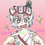  +_+ 1other androgynous bamboo_hair_ornament bare_arms bare_shoulders celeritas_lumen character_name collarbone excited eyes_visible_through_hair gradient_background grey_eyes hair_between_eyes image_sample jandare japanese_clothes kimono len'en lowres magic non-web_source ofuda ofuda_on_head open_mouth other_focus outline pink_background pixiv_sample sash short_hair sleeveless sleeveless_kimono smile solo sparkle sparkling_eyes striped_background upper_body white_hair white_kimono white_outline white_sash 