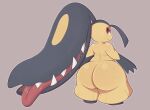 anthro behniis big_butt bodily_fluids butt female generation_3_pokemon gloves_(marking) hi_res looking_at_viewer looking_back markings mawile nintendo pokemon pokemon_(species) red_eyes saliva smile solo tan_body thick_thighs tongue tongue_out wide_hips