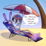1:1 4_fingers absurd_res annoyed anthro beach beach_chair beach_umbrella blush command duo ear_blush eye_contact female fingers glitch_productions hi_res humanoid jax_(tadc) lagomorph larger_male leporid looking_at_another male mammal motion_lines mouthless parasol pomni_(tadc) rabbit screaming_alice size_difference smaller_female speech_bubble strap_pull surprised the_amazing_digital_circus