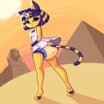animal_crossing ankha_(animal_crossing) anthro big_diaper clothed clothing desert diaper domestic_cat dress egyptian egyptian_clothing felid feline felis female hair hi_res magentadaycare mammal markings multicolored_hair nintendo pawpads pyramid sand solo sphinx_(sculpture) striped_markings striped_tail stripes tail tail_markings upskirt