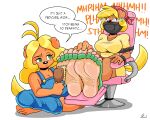 5_toes anthro barefoot birthday_gift black_nose blonde_hair blue_clothing blue_overalls blush bodily_fluids breasts brush brushing_feet camila_(mrvalentim) canid canine canis chair clothing crying_laughing daughter_(lore) dialogue domestic_dog dress duo ear_piercing english_text feet female foot_fetish foot_focus fur furniture gag gagged gift green_eyes hair holding_brush holding_object humanoid_feet kerchief laugh mammal maria_(mrvalentim) mother_(lore) mother_and_child_(lore) mother_and_daughter_(lore) on_chair orange_body orange_fur overalls parent_(lore) parent_and_child_(lore) parent_and_daughter_(lore) piercing plantigrade red_kerchief restrained simple_background sitting sitting_on_chair skoufidios soles speech_bubble tail talking_to_another tears text tickle_fetish tickle_torture tickling tickling_feet toe_restraints toes white_background yellow_body yellow_clothing yellow_dress yellow_fur yellow_tail