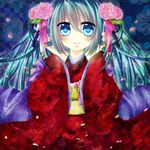  bad_id bad_pixiv_id bell blue_eyes colorized flower hair_flower hair_ornament hatsune_miku japanese_clothes kimono long_hair looking_at_viewer petals smile solo vocaloid yoitsukishin 