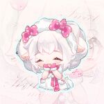  1girl ^_^ animal_ears bare_arms blue_outline bow bowtie chibi chinese_commentary closed_eyes commentary_request commission cosplay cropped_legs curly_hair dot_nose dress eyelashes fang fur-trimmed_mittens fur_hairband fur_sleeves fur_trim goat_ears goat_girl goat_horns hair_bow hairband hands_on_own_chin happy horns lanlan_zhi_jiabing light_blush light_particles mei_yangyang mei_yangyang_(cosplay) mittens nikki_(series) open_mouth outline pink_bow pink_bowtie pink_horns pink_mittens pink_snowprint_(shining_nikki) pocket polka_dot polka_dot_bow pom_pom_(clothes) puffy_short_sleeves puffy_sleeves sample_watermark shining_nikki short_hair short_sleeves skin_fang small_horns smile solo striped_horns too_many_watermarks watermark white_background white_dress white_hair white_hairband xiyangyang_yu_huitailang zoom_layer 