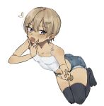  1boy :d alternate_hairstyle ass bare_arms bare_shoulders black_thighhighs blonde_hair blue_eyes blue_shorts blush camisole collarbone commentary cutoffs denim denim_shorts english_commentary fang full_body hair_between_eyes hair_ornament hairclip hand_to_own_mouth heart highres midriff mole mole_under_eye nabi_(xcider) navel no_shoes open_mouth original parallel_hairclips short_hair short_shorts shorts simple_background smile solo spaghetti_strap thighhighs trap v v_over_mouth white_background white_camisole xcider 