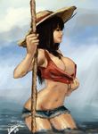  black_hair breasts cleavage cosplay hat highres hips large_breasts legs long_hair midriff monkey_d_luffy monkey_d_luffy_(cosplay) navel nico_robin one_piece onichan-xd shorts solo straw_hat water 