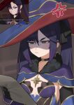  1girl anger_vein black_choker black_gloves black_hair breasts choker commentary derivative_work earrings flasso four-pointed_star frown genshin_impact gloves grey_eyes hat highres holding holding_letter jewelry letter long_hair mona_(genshin_impact) reading reference_inset screenshot_redraw small_breasts star_(symbol) star_earrings symbol-only_commentary witch_hat 