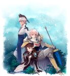  1girl 2boys animal_on_head arch_bishop_(ragnarok_online) armor armored_boots black_bodysuit black_cat black_gloves blue_coat blue_gemstone blue_shirt blue_sky bodysuit boots border breastplate breasts brown_eyes brown_hair cat cat_on_head closed_mouth cloud coat commentary_request elbow_gloves faulds gauntlets gem gloves gobaku_no_hito grass grey_hair long_hair looking_afar looking_at_viewer medium_breasts multiple_boys on_head outdoors pants pauldrons pink_eyes pink_hair pointy_ears ragnarok_masters ragnarok_online rock royal_guard_(ragnarok_online) shirt short_hair shoulder_armor sitting sky standing sword warlock_(ragnarok_online) weapon white_border white_pants 