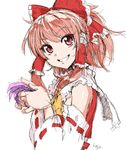  ascot bare_shoulders bow brown_hair detached_sleeves face grin hage hair_bow hair_tubes hakurei_reimu oekaki red_eyes sarashi simple_background sketch smile solo touhou upper_body white_background 