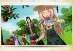  2girls apple atelier_(series) atelier_meruru basket black_hair blonde_hair brown_hair carrying closed_eyes day dress farm food formal fruit gloves hair_ribbon half_updo hat hat_ribbon highres holding kaena_swaya kishida_mel ladder leaf lias_falken long_hair merurulince_rede_arls multiple_boys multiple_girls open_mouth pants pointy_ears ribbon rufes_falken sack scarf shirt short_hair sky sleeveless sleeveless_shirt sleeves_rolled_up standing suit suspenders tree 