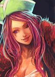  anti-eyebrow_piercing bad_id bad_pixiv_id black_background breasts cleavage fur_coat hat jewelry_bonney large_breasts long_hair one_eye_closed one_piece parted_lips pink_hair purple_eyes realistic simple_background smile solo tsuyomaru upper_body 