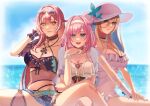  3girls absurdres aponia aponia_(mesmerizing_blue) bikini black_bikini blonde_hair blue_eyes blue_sky breasts cleavage commentary_request crossed_legs day dress eden_(honkai_impact) elf elysia_(honkai_impact) elysia_(miss_pink_elf)_(honkai_impact) elysia_(summer_miss_elf)_(honkai_impact) eyewear_on_head hairband hat highres honkai_(series) honkai_impact_3rd jewelry large_breasts long_hair multiple_girls necklace ocean official_alternate_costume pointy_ears shell shell_necklace sitting sky smile stomach sun_hat sundress sunglasses swimsuit white_bikini white_dress white_hairband white_hat yellow_eyes ypa918 