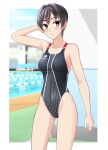  1girl absurdres ass_visible_through_thighs black_hair black_one-piece_swimsuit breasts brown_eyes commentary_request competition_swimsuit covered_navel cowboy_shot groin highleg highleg_one-piece_swimsuit highres indoors lane_line medium_breasts one-piece_swimsuit original pool short_hair solo standing swimsuit takafumi two-tone_swimsuit variant_set 