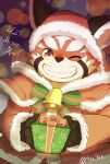  1boy absurdres bell bow capelet christmas_present coat commentary_request fat fur-trimmed_capelet fur_trim furry furry_male gift grin highres holding holding_gift long_sleeves male_focus merry_christmas one_eye_closed red_coat red_panda_boy santa_costume sisualicon smile striped_bow tokyo_afterschool_summoners twitter_username zhurong_(housamo) 