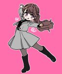  1girl :q black_boots black_pantyhose black_sweater blush_stickers boots brown_hair closed_mouth commentary_request drawn_wings fujishima_megumi fujishima_megumi_(post-graduation) full_body grey_jacket grey_skirt hair_intakes heart heart_necklace jacket jewelry knee_boots leg_up link!_like!_love_live! long_hair love_live! medium_skirt necklace official_alternate_costume open_clothes open_jacket outstretched_arms pantyhose pink_background pleated_skirt ponytail purple_eyes shinanoya_(satanicad) sidelocks skirt smile solo split_mouth spread_arms standing standing_on_one_leg suit_jacket sweater tongue tongue_out turtleneck turtleneck_sweater virtual_youtuber 