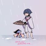  ._. 1boy aracanthus38633 armor barefoot black_eyes black_hair blunt_ends brown_hat clothing_cutout commentary dragon english_commentary english_text genshin_impact grey_background hat japanese_armor japanese_clothes kariginu kote kurokote layered_sleeves looking_down male_focus mini_durin_(dragon)_(genshin_impact) mini_durin_(genshin_impact) open_mouth outdoors pants purple_sash purple_sleeves rain rectangular_mouth sash scaramouche_(genshin_impact) scaramouche_(kabukimono)_(genshin_impact) shoulder_cutout small_dragon standing straw_hat string tasuki white_mouth white_pants white_sleeves wide_sleeves wispy_bangs 