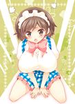  alternate_breast_size alternate_costume angry apron between_thighs blush bow breasts brown_eyes brown_hair huge_breasts kami_nomi_zo_shiru_sekai maid_headdress open_mouth pleated_skirt shinogi_k shirt sitting skirt solo takahara_ayumi taut_clothes taut_shirt waitress 