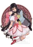  2girls akemi_homura akemi_homura_(magical_girl) amado_kashimu black_eyes black_hairband bow closed_eyes commentary_request dress gloves grey_skirt hairband highres hug kaname_madoka kaname_madoka_(magical_girl) long_hair mahou_shoujo_madoka_magica mahou_shoujo_madoka_magica_(anime) multiple_girls parted_lips pink_bow pink_dress pink_hair pink_socks purple_hair red_shoes shoes short_twintails skirt socks twintails white_gloves yuri 