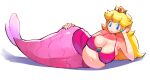  1girl alternate_costume alternate_form bikini bikini_top_only blonde_hair blue_eyes breasts crown earrings fapo fat jewelry large_breasts long_hair lying mario_(series) mermaid monster_girl navel on_side pink_bikini princess_peach simple_background solo sphere_earrings swimsuit white_background 