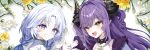  2girls aoba_nene ayatsuno_yuni black_horns blush bud commentary curtained_hair diamond-shaped_pupils diamond_(shape) fang flower forehead freesia_(flower) grey_hair grin hair_intakes half-heart_hands heart_hands_failure horns long_hair multiple_girls open_mouth pointy_ears purple_eyes purple_hair purple_pupils sakihane_huya shadow smile star-shaped_pupils star_(symbol) stellive symbol-only_commentary symbol-shaped_pupils thumbs_up virtual_youtuber white_background white_flower yellow_eyes yellow_flower 