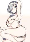  1girl 30-06 bikini blue_eyes bob_cut breasts feet_out_of_frame grey_hair hair_ornament hairclip hamakaze_(kancolle) highres kantai_collection large_breasts looking_at_viewer lying on_side short_hair solo swimsuit underboob white_bikini 